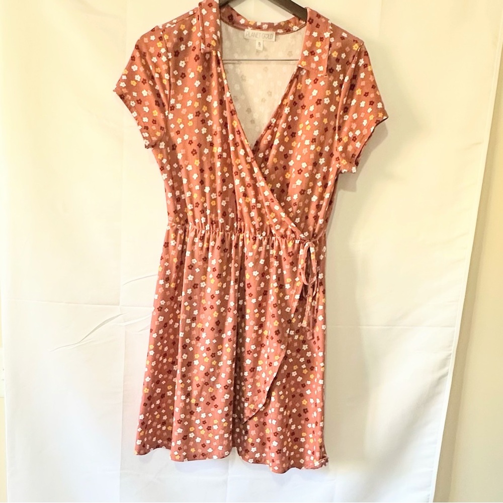 Planet Gold Floral Wrap Mini Dress - Pink and White